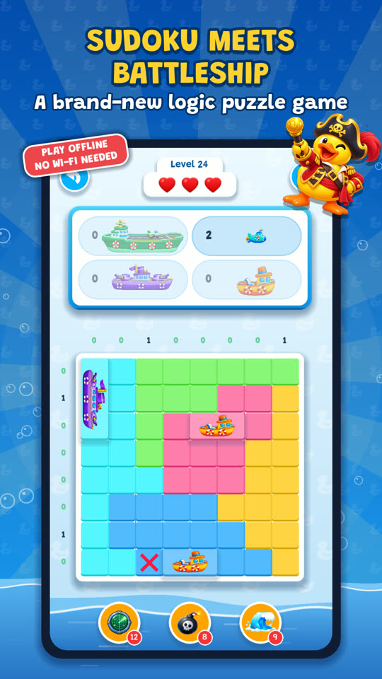A Duckdoku Blast board: find the hidden ships