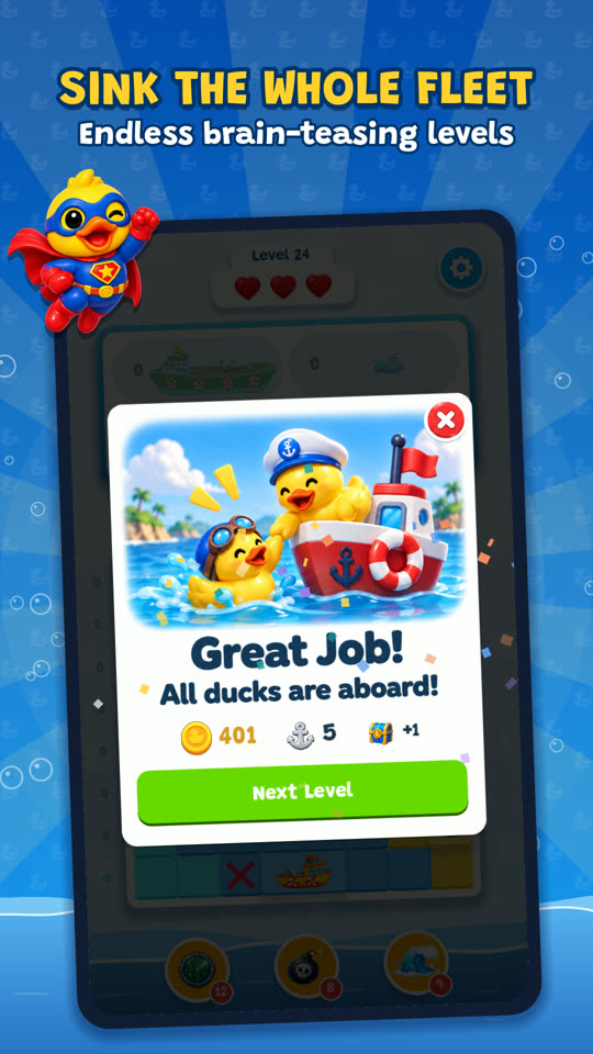 Winning a level: all ducks are aboard